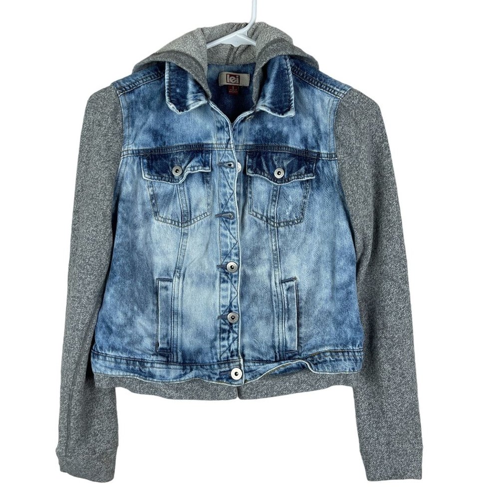 L.E.I. Jean Jacket Juniors‎ Size S Blue Gray Sweatshirt Sleeves Hooded Button Up